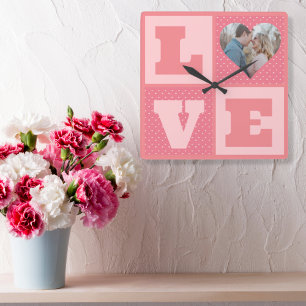 Love Couple Photo Pink Hearts Pattern Valentines Square Wall Clock