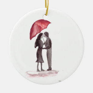 Love couple red umbrella painting ceramic ornament