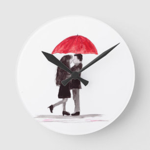 Love couple Red Umbrella romantic Valentines day Round Clock