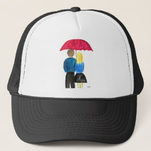 Love couple with red umbrella anniversary art trucker hat
