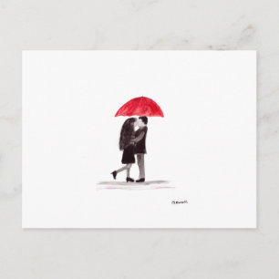 Love couple with red umbrella art postcard