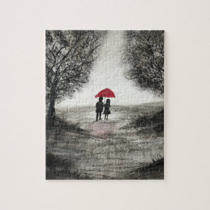 Love couple with red umbrella puzzles