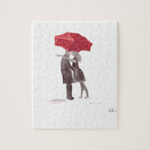 Love couple with red umbrella romantic couple kiss jigsaw puzzle