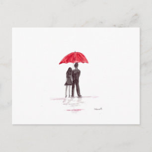 Love couple with red umbrella romantic couple postcard