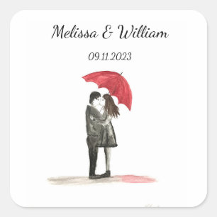 Love couple with red umbrella Wedding Newlyweds Square Sticker
