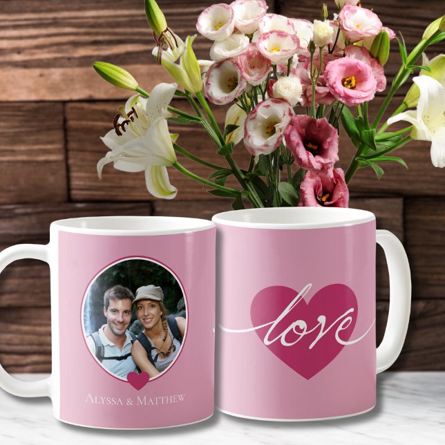 LOVE Couples Photo Mug (love couples photo mug for valentines day gift for wedding anniversary, pink hearts calligraphy)