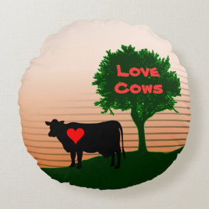 Love Cows- Cow Silhouette with Lone Tree Round Cushion