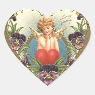 LOVE CUPID WITH HEART AND PANSIES  Valentine's Day Sticker