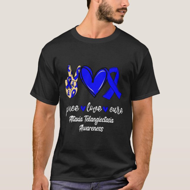 Love Cure Ataxia Telangiectasia Blue Ribbon Awaren T-Shirt (Front)
