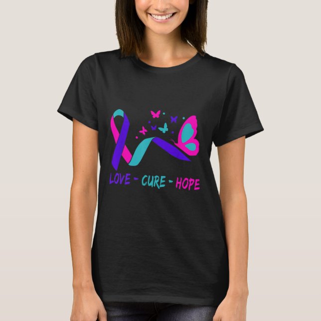 Love Cure Hope Cervical Cancer Warrior Butterfly R T-Shirt (Front)