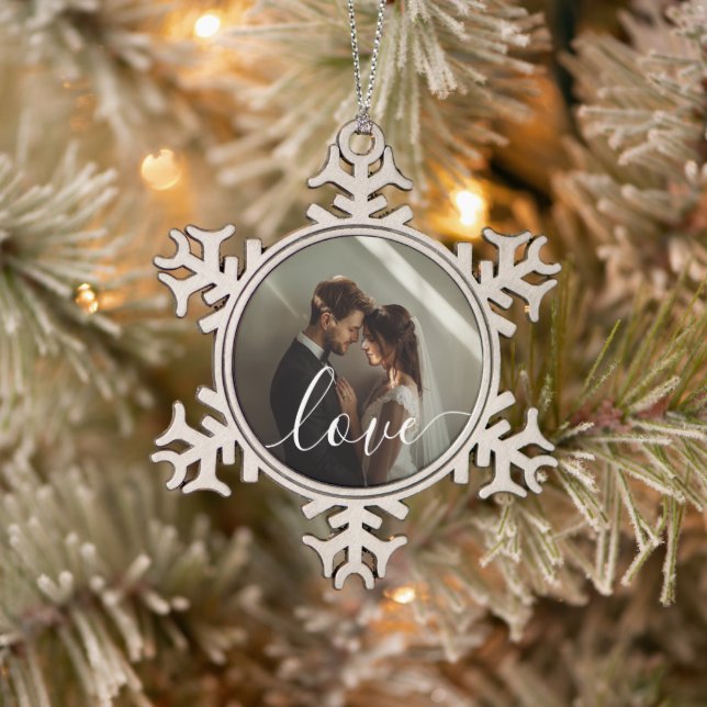 'Love' Custom couple photo Snowflake Pewter Christmas Ornament (Tree)