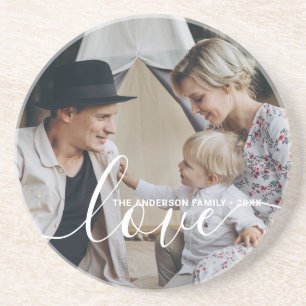 'Love' Custom family photo with custom name Coaster