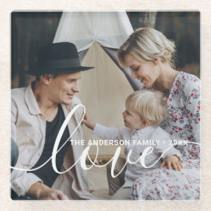 'Love' Custom family photo with custom name Glass Coaster