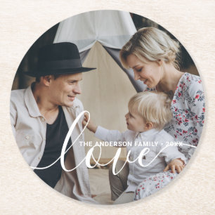 'Love' Custom family photo with custom name Round Paper Coaster