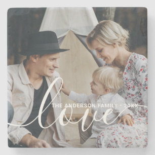 'Love' Custom family photo with custom name Stone Coaster