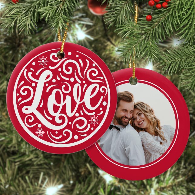 Love Customized Couple Photo Christmas Holiday Red Ceramic Ornament (Creator Uploaded)