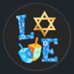 LOVE Cute Hanukkah Decorations Dreidel Menorah Classic Round Sticker<br><div class="desc">LOVE Cute Hanukkah Decorations Dreidel Menorah</div>
