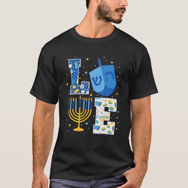 LOVE Cute Hanukkah Decorations Dreidel Menorah T-Shirt (Front)