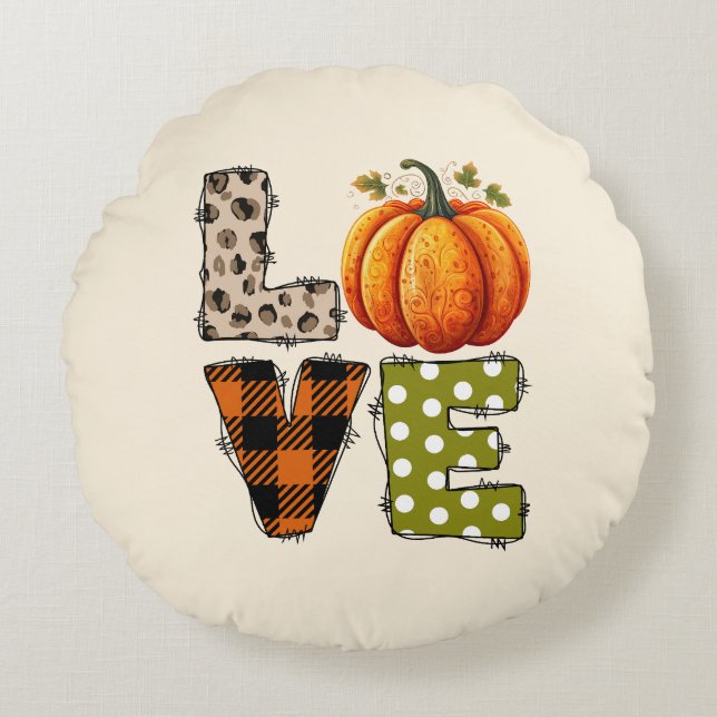 LOVE – Cute Pumpkin & Polka Dot Letters Round Cushion (Front)