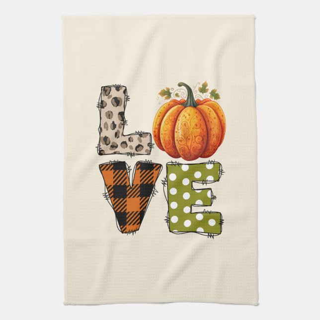LOVE – Cute Pumpkin & Polka Dot Letters Tea Towel (Vertical)