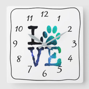 LOVE Dog Paw Print Blue Clock