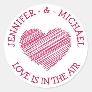 Love Doodle Heart Personalised Red, Pink Wedding Classic Round Sticker