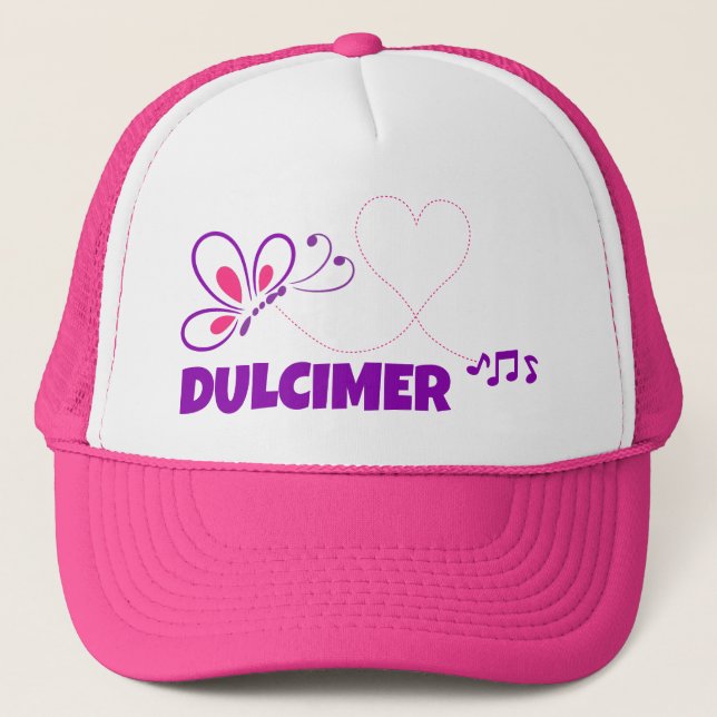 Love Dulcimer Pink Purple Butterfly Heart Trucker Trucker Hat (Front)