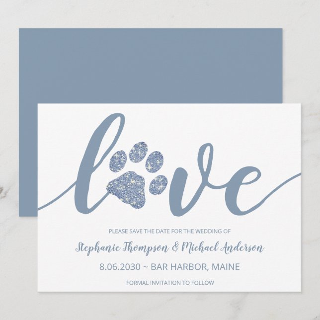 Love Dusty Blue Glitter Paw Print Wedding Save The Date (Front/Back)