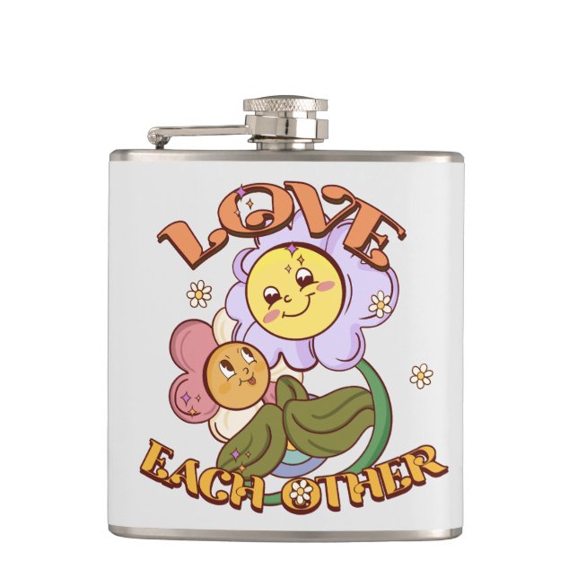 Love Each Other | Whimsical Floral Design Hip Flask (Front)