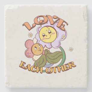 Love Each Other Whimsical Floral Design Stone Coaster