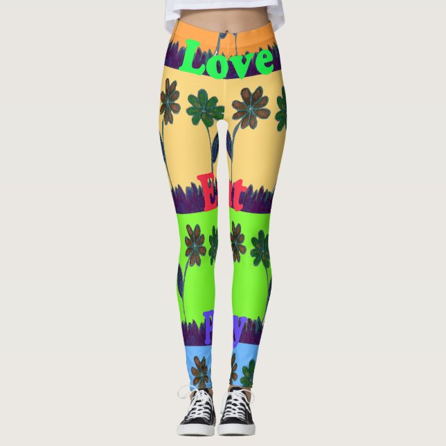 Love Eat Play Lovely Colourful Floral Text Design Leggings (Front)