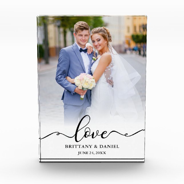 Love Elegant Black Script Bride Groom Wedding Photo Block (Front)