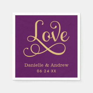 Love Elegant Purple Gold Calligraphy Wedding Napkin