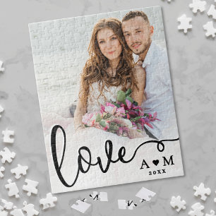 Love Elegant Script Couple Photo Jigsaw Puzzle