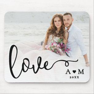 Love Elegant Script Couple Photo Mouse Pad