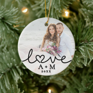 Love Elegant Script Heart Two Photo Ceramic Ornament