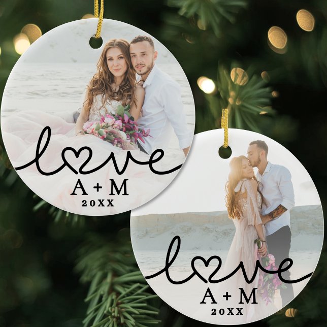 Love Elegant Script Heart Two Photo Ceramic Ornament (Love Elegant Script Heart Two Photo Ceramic Ornament )