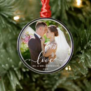 Love Elegant Script  Mr. and Mrs. Wedding Photo Metal Ornament
