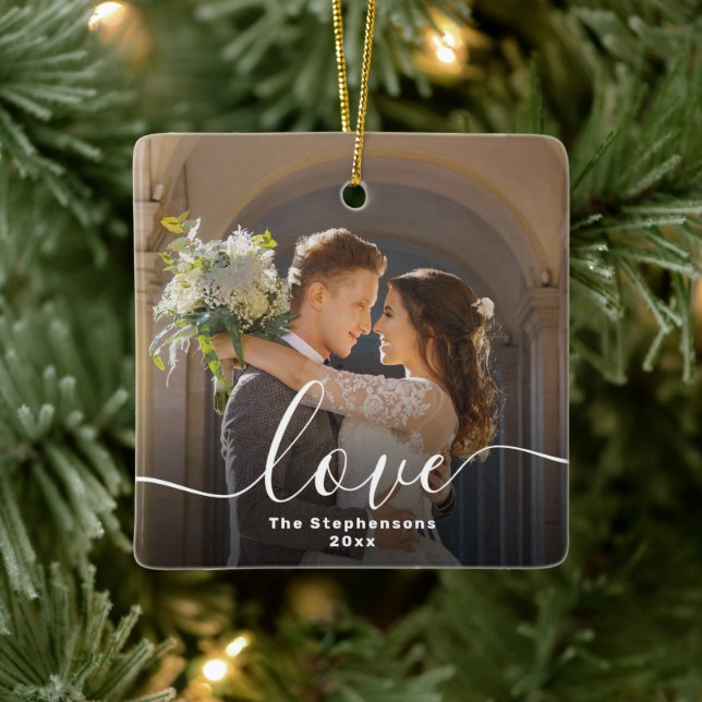 Love Elegant Script Overlay Double Sided Photo Ceramic Ornament (Tree)