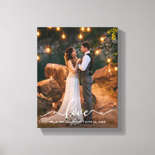 Love Elegant Script Wedding Bride Groom Photo Canvas Print