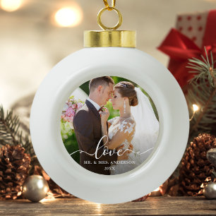 Love Elegant Script Wedding Photo Mr. and Mrs. Ceramic Ball Christmas Ornament