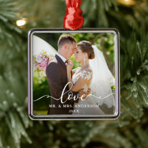 Love Elegant Script Wedding Photo Mr. and Mrs. Metal Ornament