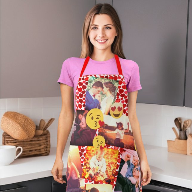 Love Emojis Share the Love in Style Apron (Personalized photo collage, red hearts pattern background and love emoticons)