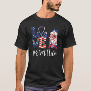 Love Emt Life Nurse Gnome American Flag 4th Of Jul T-Shirt