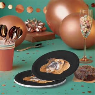 Love English Bulldog Dog Face - Brown Mascot Paper Plate