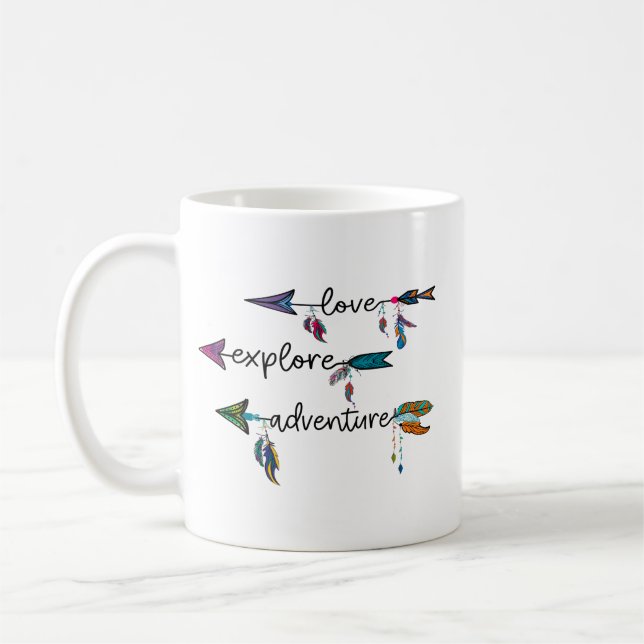 Love Explore Adventure Arrow Tribal Boho Design Coffee Mug (Left)