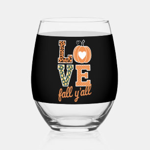 Love Fall Y'All Leopard Print Fall Thanksgiving Stemless Wine Glass