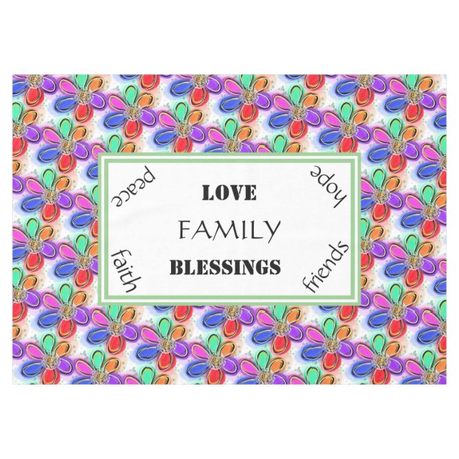 Love Family Summer Artsy Watercolor Flowers Tablecloth (Front (Horizontal))