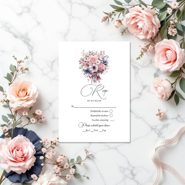 Love Fancy Pink Bow and Pastel Bouquet Wedding RSVP Card (Love Fancy Pink Bow and Pastel Bouquet Wedding RSVP Card)
