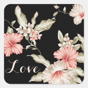 Love Floral Pink And Black Flower Japanese Square Sticker